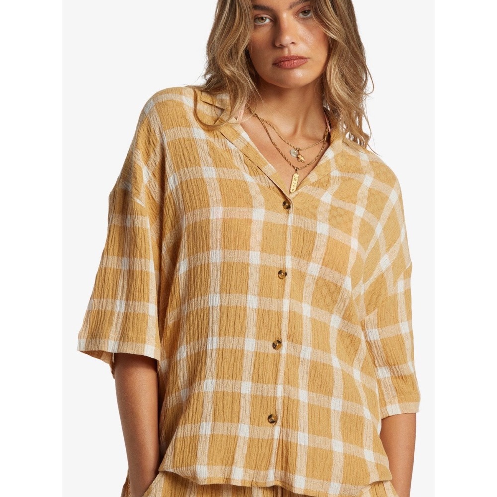 Billabong Beach Side Oversized Shirt Hemp Yellow Plaid Button Down Women S NWT